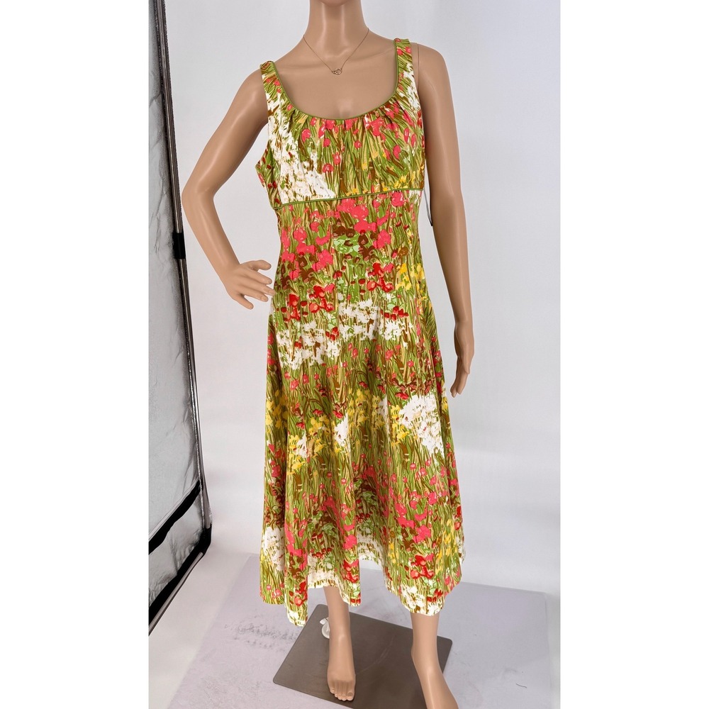New Directions Floral Midi Dress Green Pink‎ Sleeveless Cotton Blend Size 14 NWT